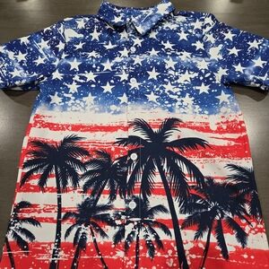 Patriotic Palm Tree Button-Up Shirt - Red, White & Blue